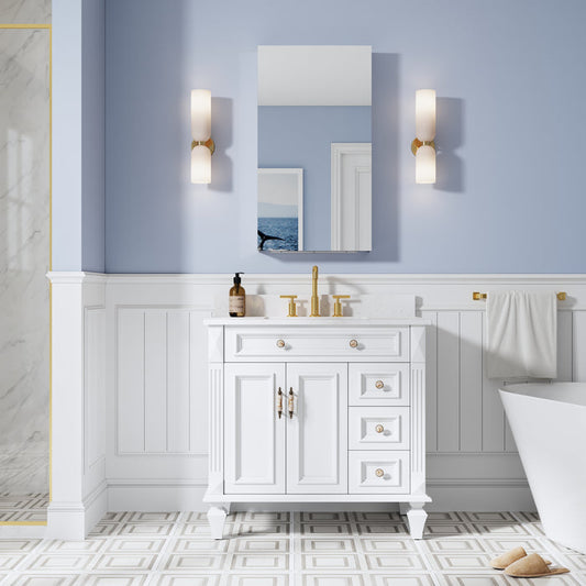 Bathroom with white vanity, mirror, and bathtub against a light blue wall.
