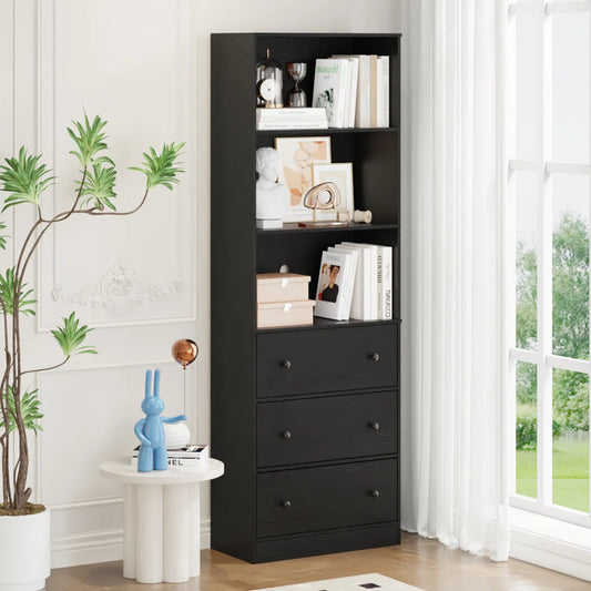 Black bookshelf with decorative items in a room with a window and plant.