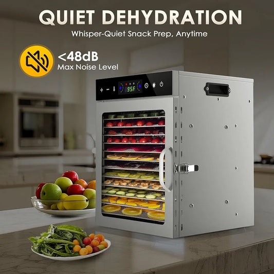 Dehydrator with fruits and vegetables on shelves in a kitchen setting, emphasizing quiet operation.