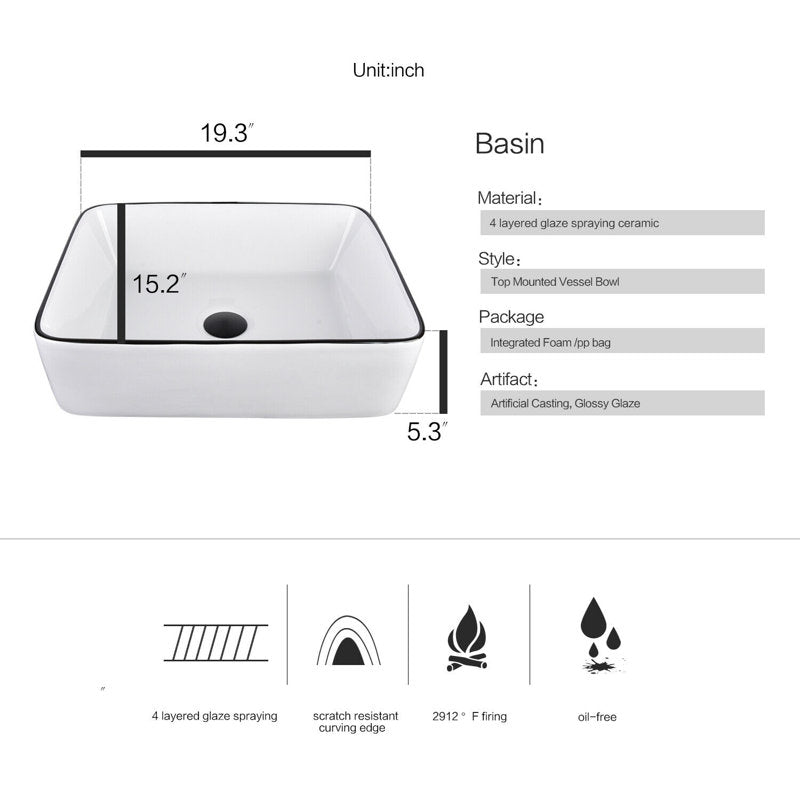 Vasque rectangulaire moderne en céramique blanche avec robinet