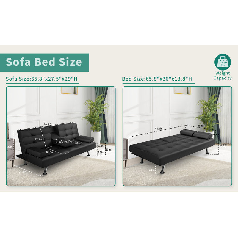 66-inch Convertible Sofa Bed with Click-Clack Cup Holder, Compact Polyurethane Leather Futon for Small Spaces