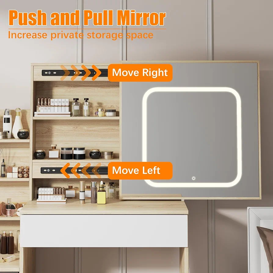 Coiffeuse, coiffeuse de maquillage avec miroir coulissant éclairé et station de recharge (chêne)