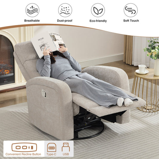 Modern Corduroy Camel Brown Swivel and Rocker Glider Recliner for Living Room