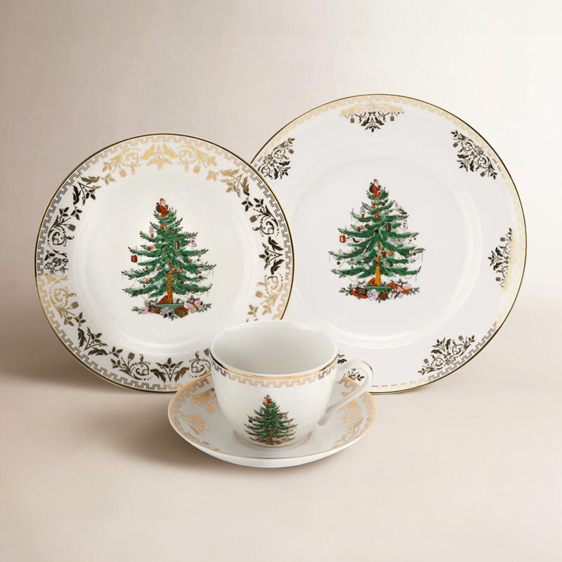 Service de vaisselle en porcelaine dorée « Sapin de Noël » (4 pièces)
