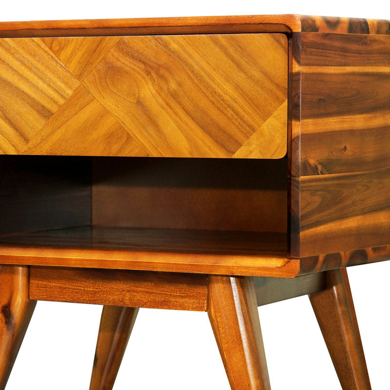 Laden solid acacia wood bedside table, bedside table with drawer and open shelf, Mid-Century Art Deco style end table