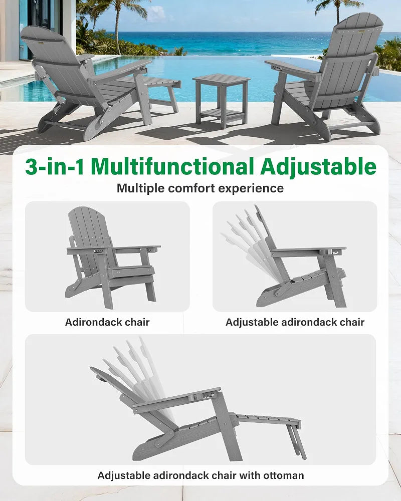 Adjustable Adirondack Chair with Footrest, 5-Level Adjustable Adirondack Chair with Retractable Ottoman & Cup Holder, Folding Adirondacks Chairs Use for Outdoor, Pool and Patio