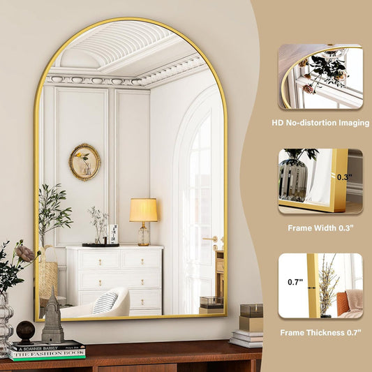 30" x 40" arched wall mirror, gold and black aluminum alloy frame, perfect for the bathroom, living room, bedroom, and entryway