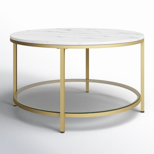 Round Coffee Table Rotherham with Storage black Marble Top With Glass Under ( Gold and White )