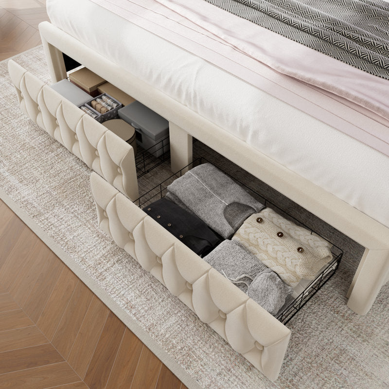 Lit plateforme Kaliya Queen en velours capitonné : tête de lit à oreilles avec éclairage LED et 2 tiroirs de rangement, cadre en bois massif, blanc king size