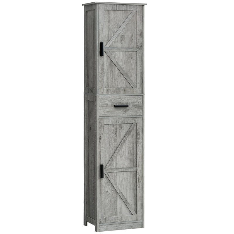 Armoire de salle de bain grise haute avec 4 étagères, 2 portes et 1 tiroir