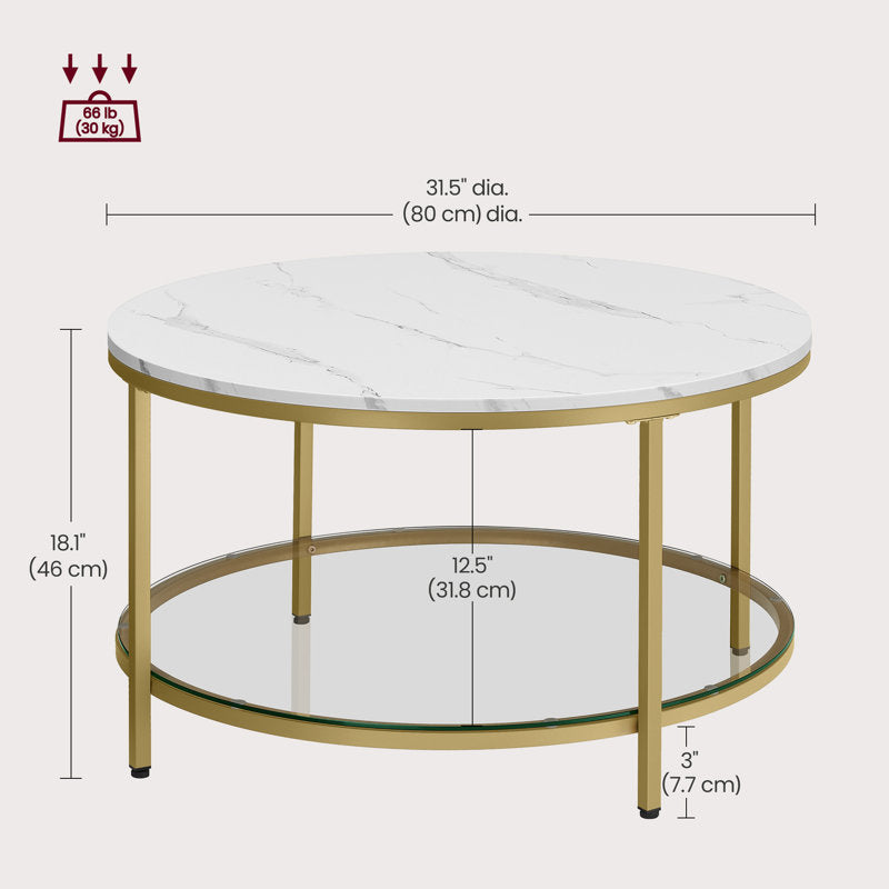 Table basse ronde Rotherham avec rangement, plateau en marbre noir et dessous en verre (or et blanc)