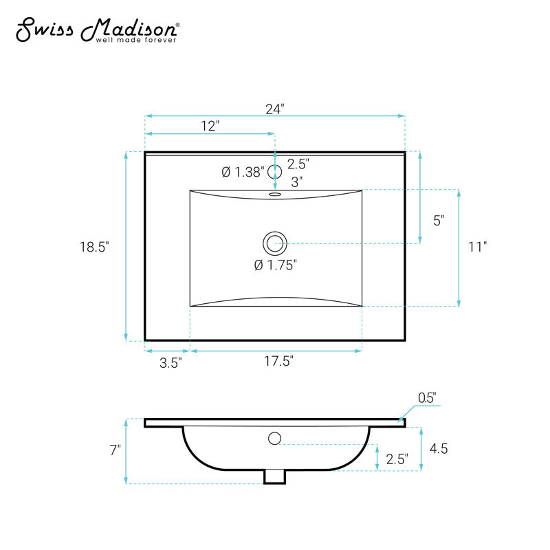 Technical drawing of a sink with dimensions labeled, featuring the Swiss Madison brand.