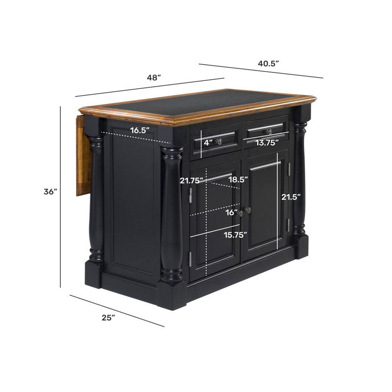 Black kitchen island with dimensions labeled on a white background