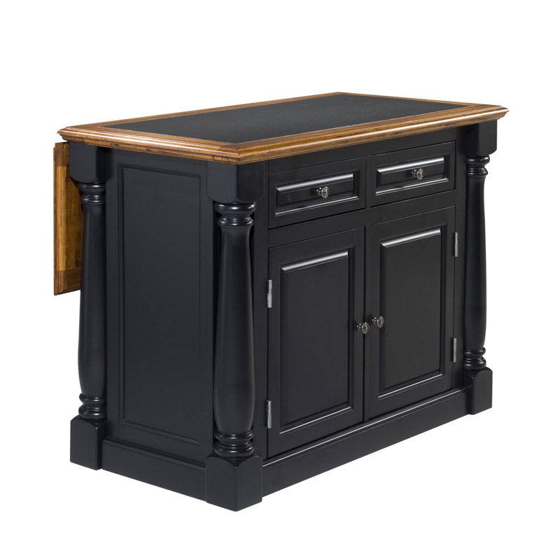 Black kitchen island with wooden top on a white background