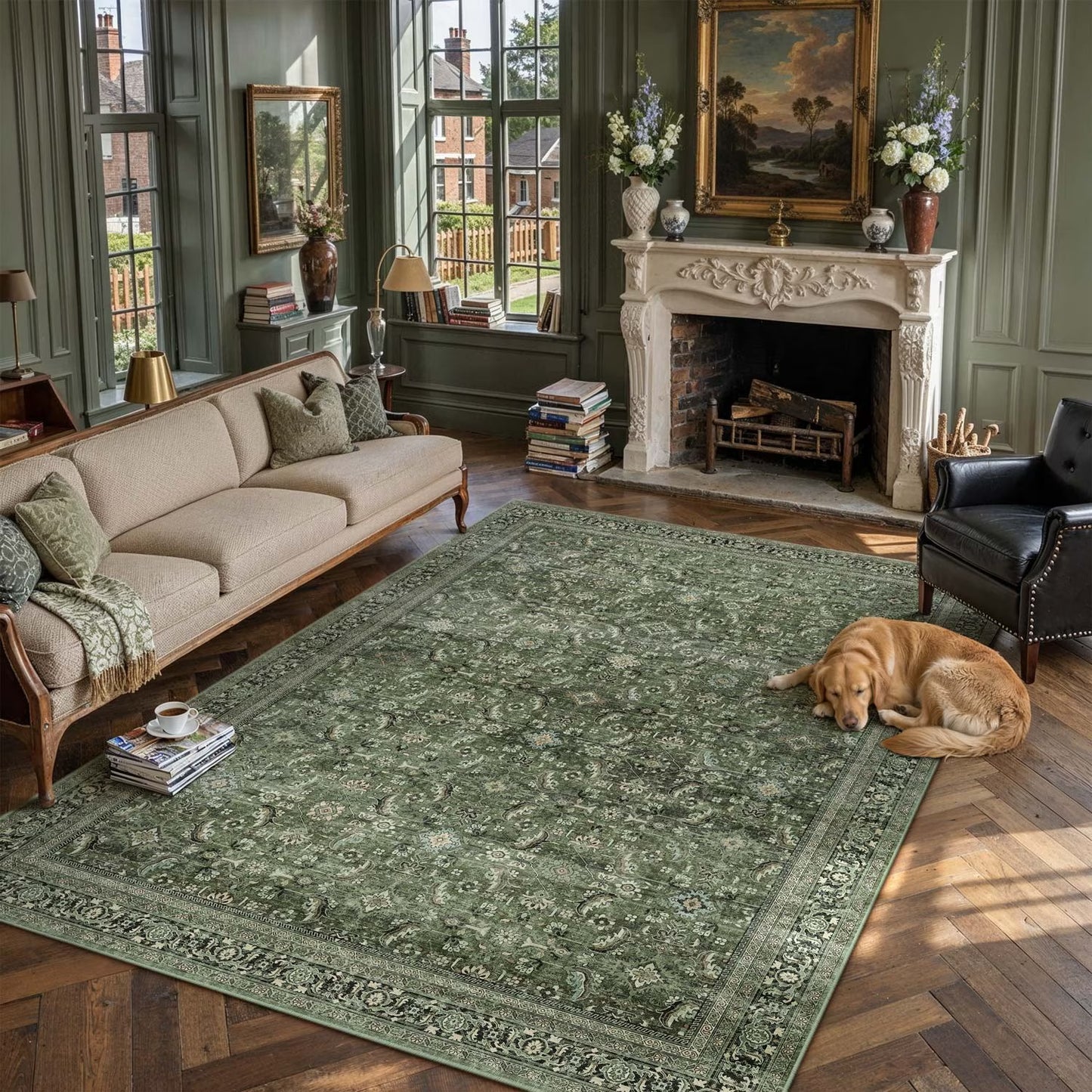 Goudeau Vintage Green Area Rugs For Living Room With Non-Slip Backing 8x10 ft