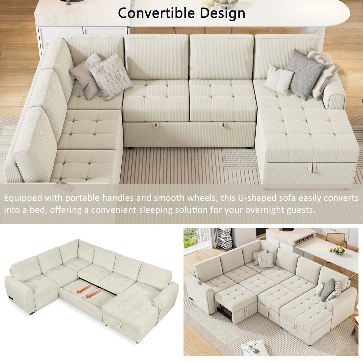 Canapé-lit convertible d'angle surdimensionné en U avec rangement et fonctions de chargement (4 pièces manquantes)