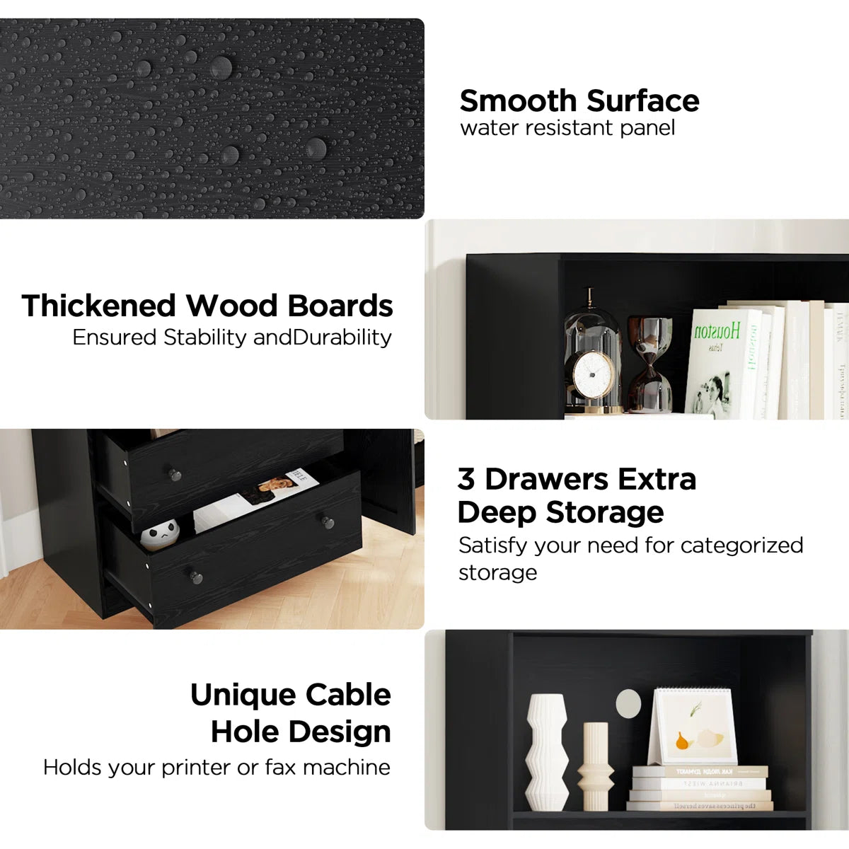 Black storage unit with features highlighted on a white background