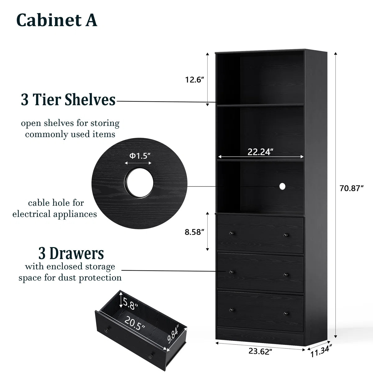 Black cabinet with 3-tier shelves and 3 drawers, showing dimensions on a white background.
