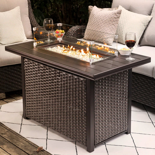 Outdoor table for 43-inch 50,000 BTU propane outdoor fireplace, aluminum top and PE rattan braided iron frame, waterproof Oxford cover, glass wind shad, glass beads, lid included, dark brown and coffee color
