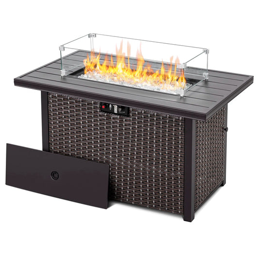 Outdoor table for 43-inch 50,000 BTU propane outdoor fireplace, aluminum top and PE rattan braided iron frame, waterproof Oxford cover, glass wind shad, glass beads, lid included, dark brown and coffee color