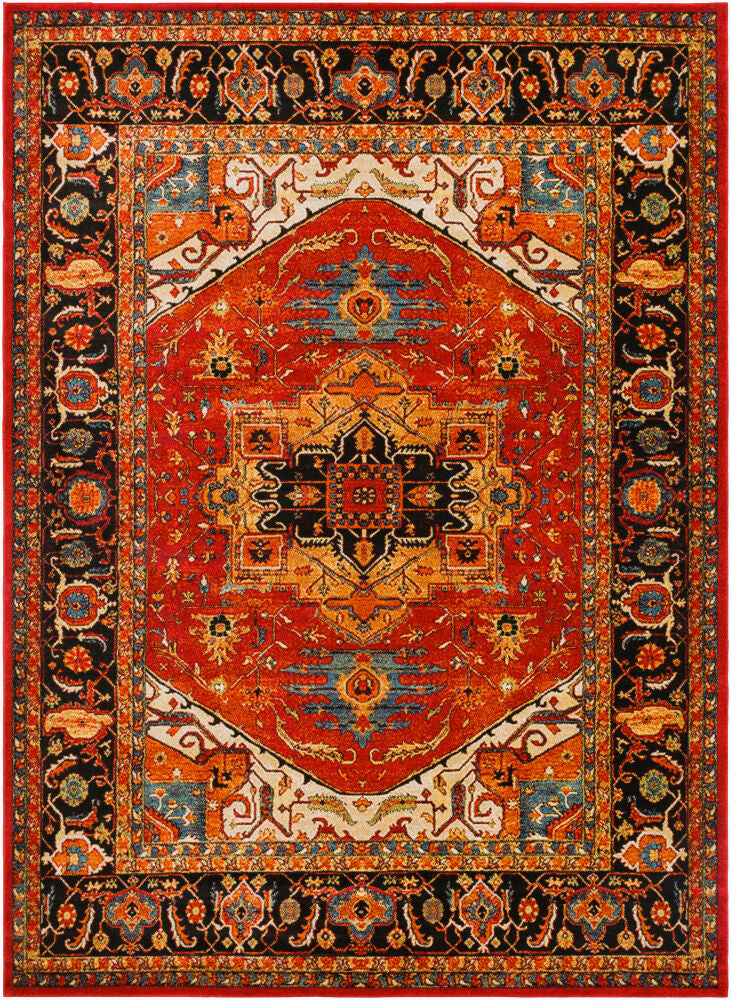 Decorative rug with intricate patterns and a prominent red center.