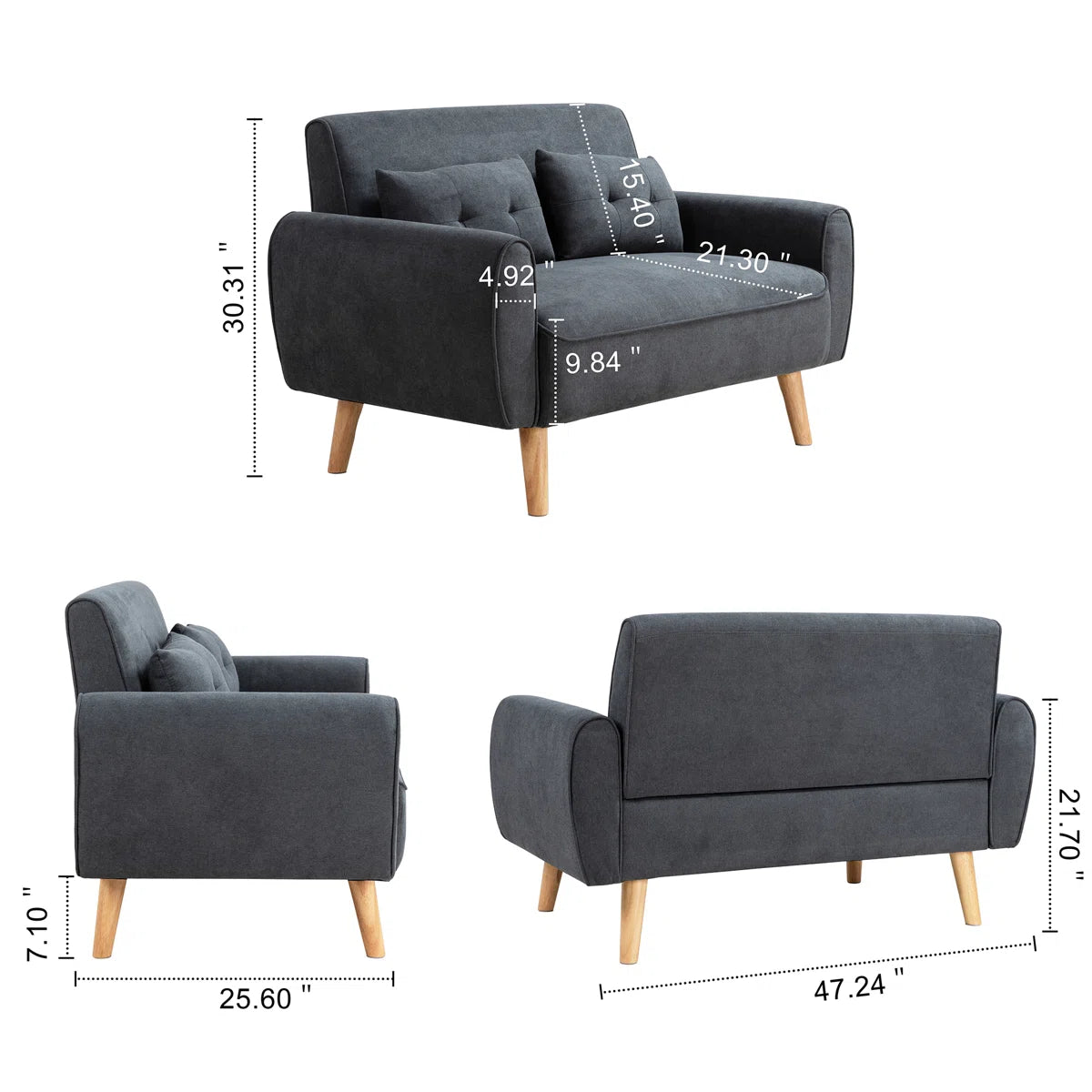 Canapé deux places Arlander 47,5" à accoudoirs roulés (noir) anthracite 