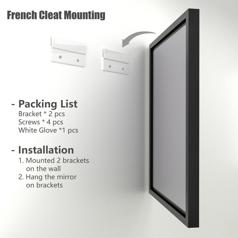 Mirror with mounting brackets and screws on a white background