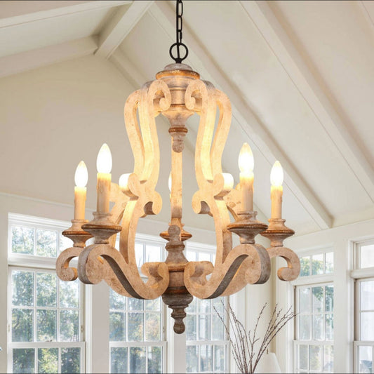 Oaks Aura Antique 5-Light Wooden Candle Chandelier, Distressed White