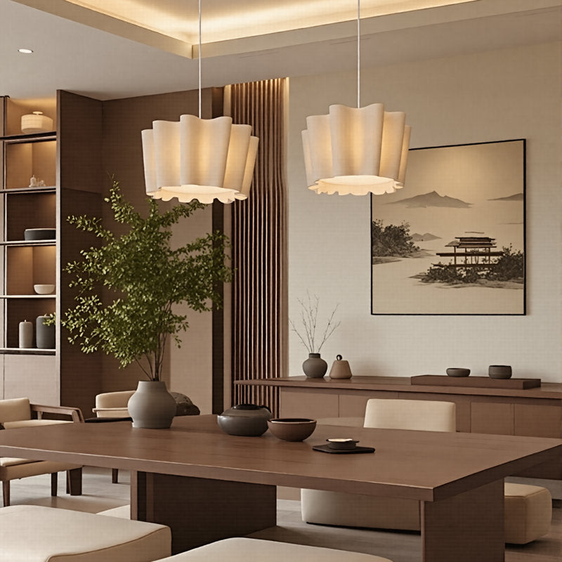 Modern dining room with wooden table, chairs, and decorative elements.