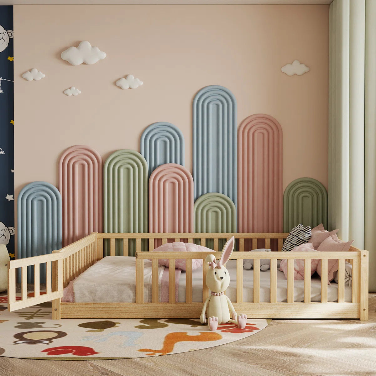 Lit plateforme Finka pour enfants avec barrière et porte (lit Queen en chêne blanc)