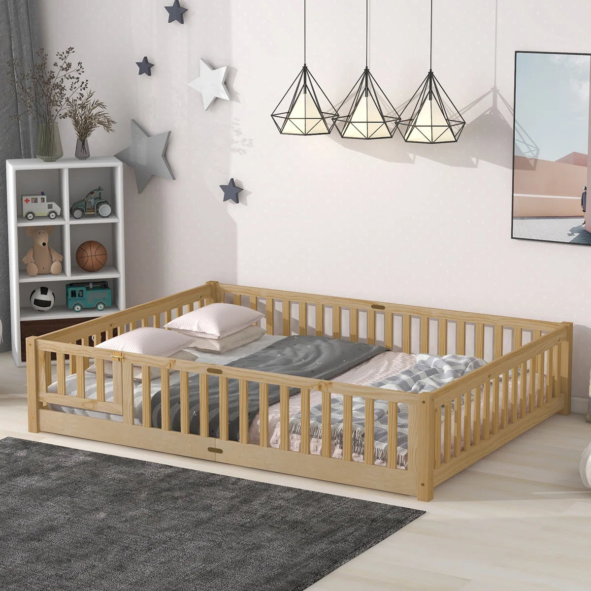 Lit plateforme Finka pour enfants avec barrière et porte (lit Queen en chêne blanc)