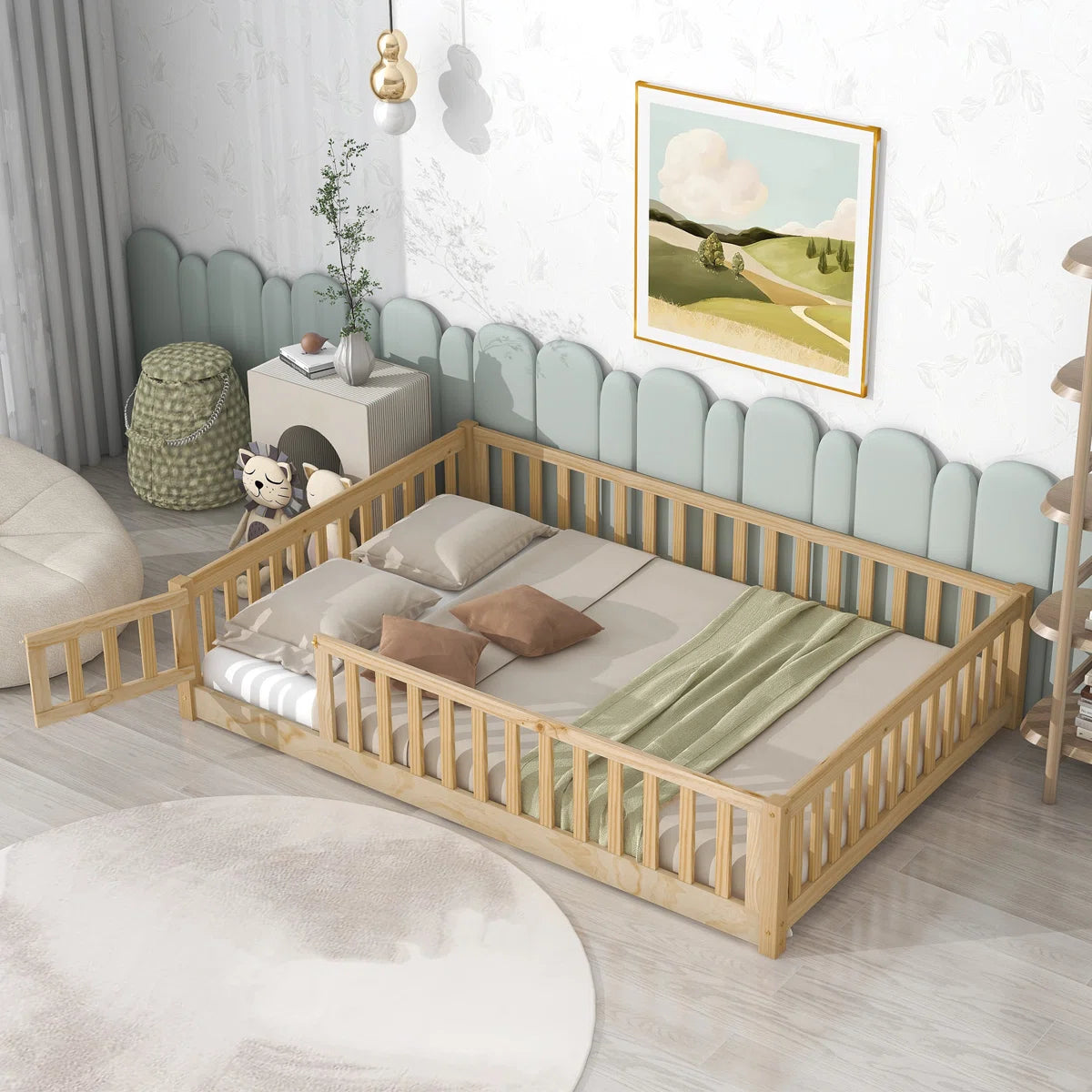 Lit plateforme Finka pour enfants avec barrière et porte (lit Queen en chêne blanc)