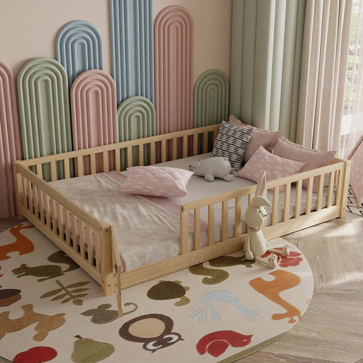 Lit plateforme Finka pour enfants avec barrière et porte (lit Queen en chêne blanc)