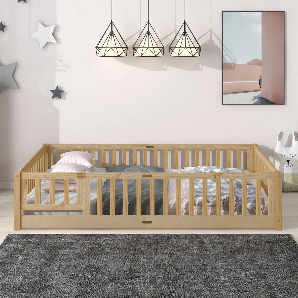 Lit plateforme Finka pour enfants avec barrière et porte (lit Queen en chêne blanc)