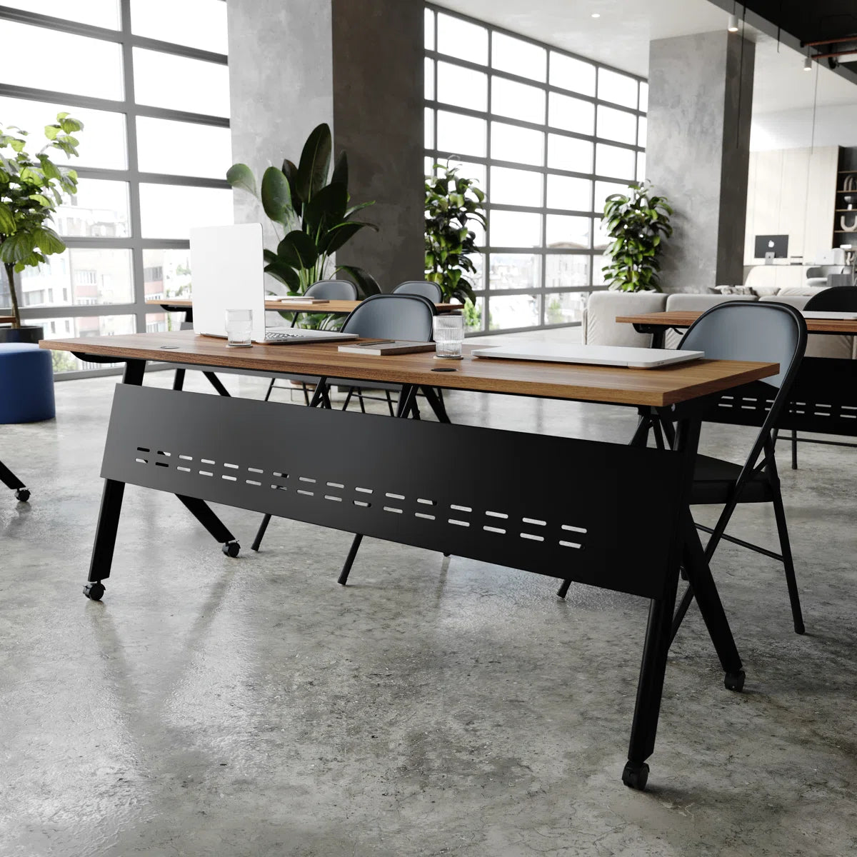 Table de formation commerciale empilable et rabattable avec cadre en acier et pieds en Y 