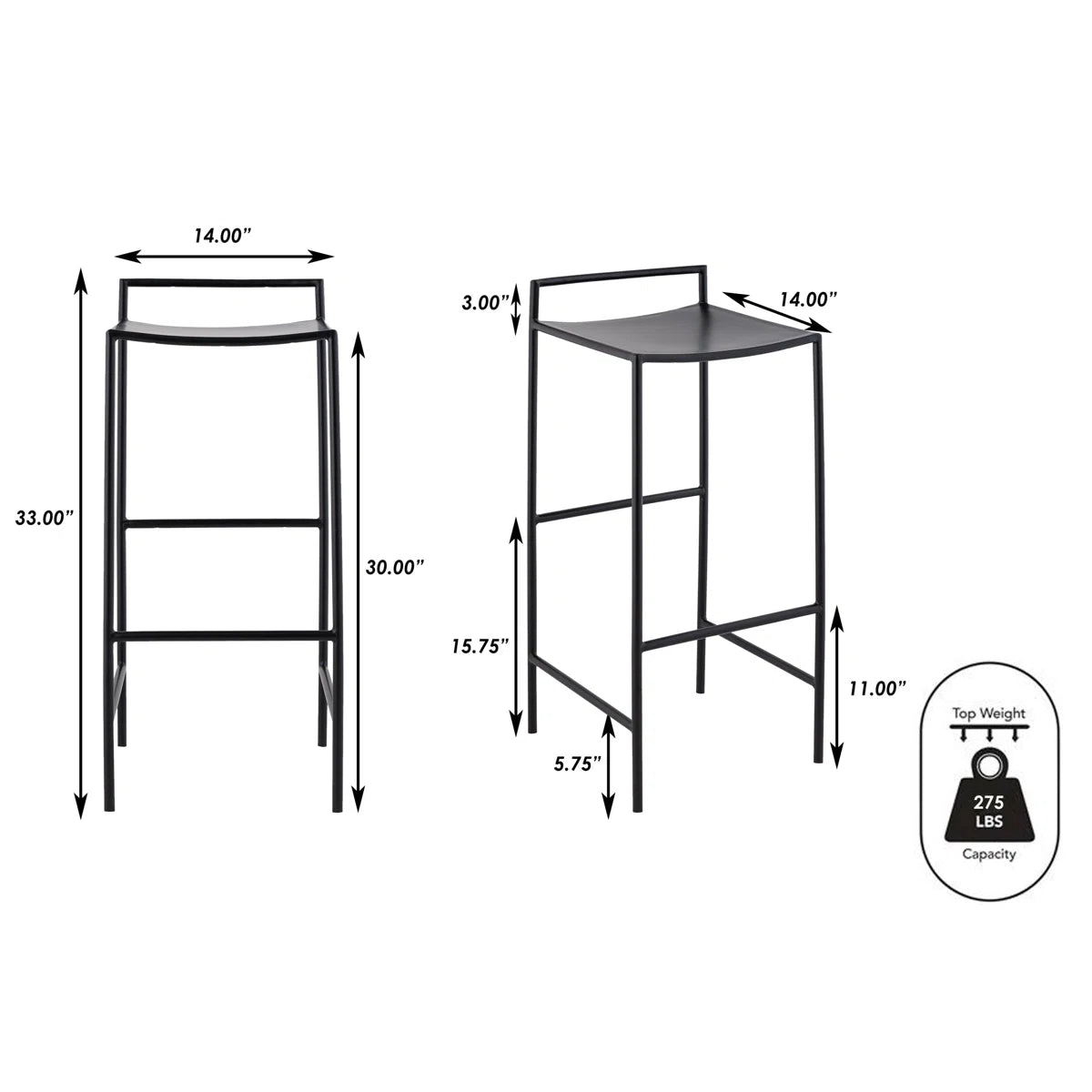 Tabouret de bar contemporain côtier en fer, assise en selle, dossier bas et repose-pieds, 76 cm (30 po). 