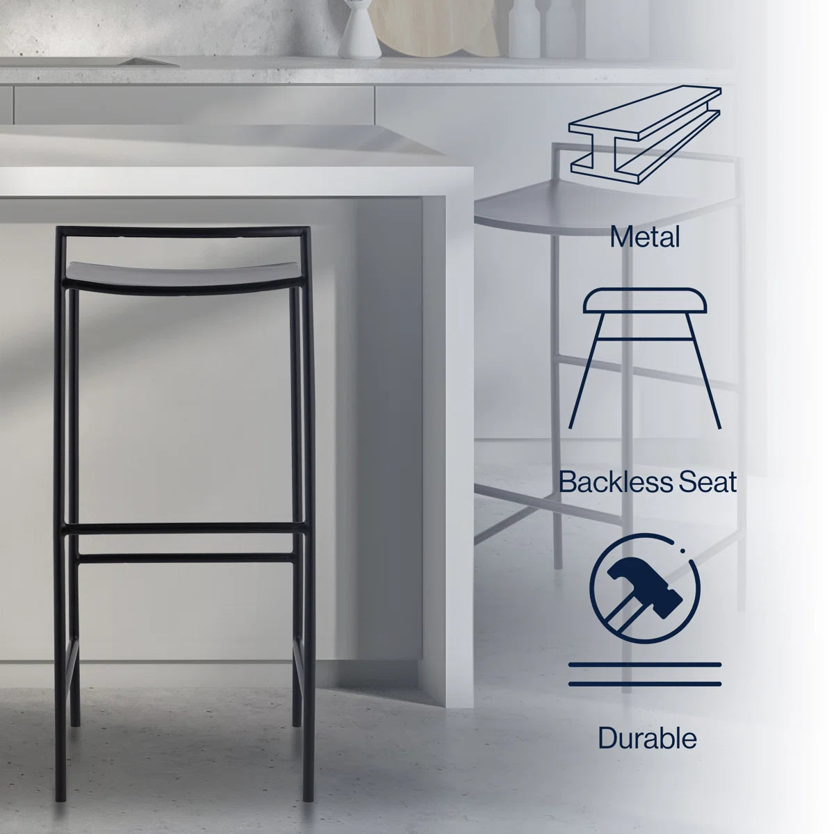 Tabouret de bar contemporain côtier en fer, assise en selle, dossier bas et repose-pieds, 76 cm (30 po). 