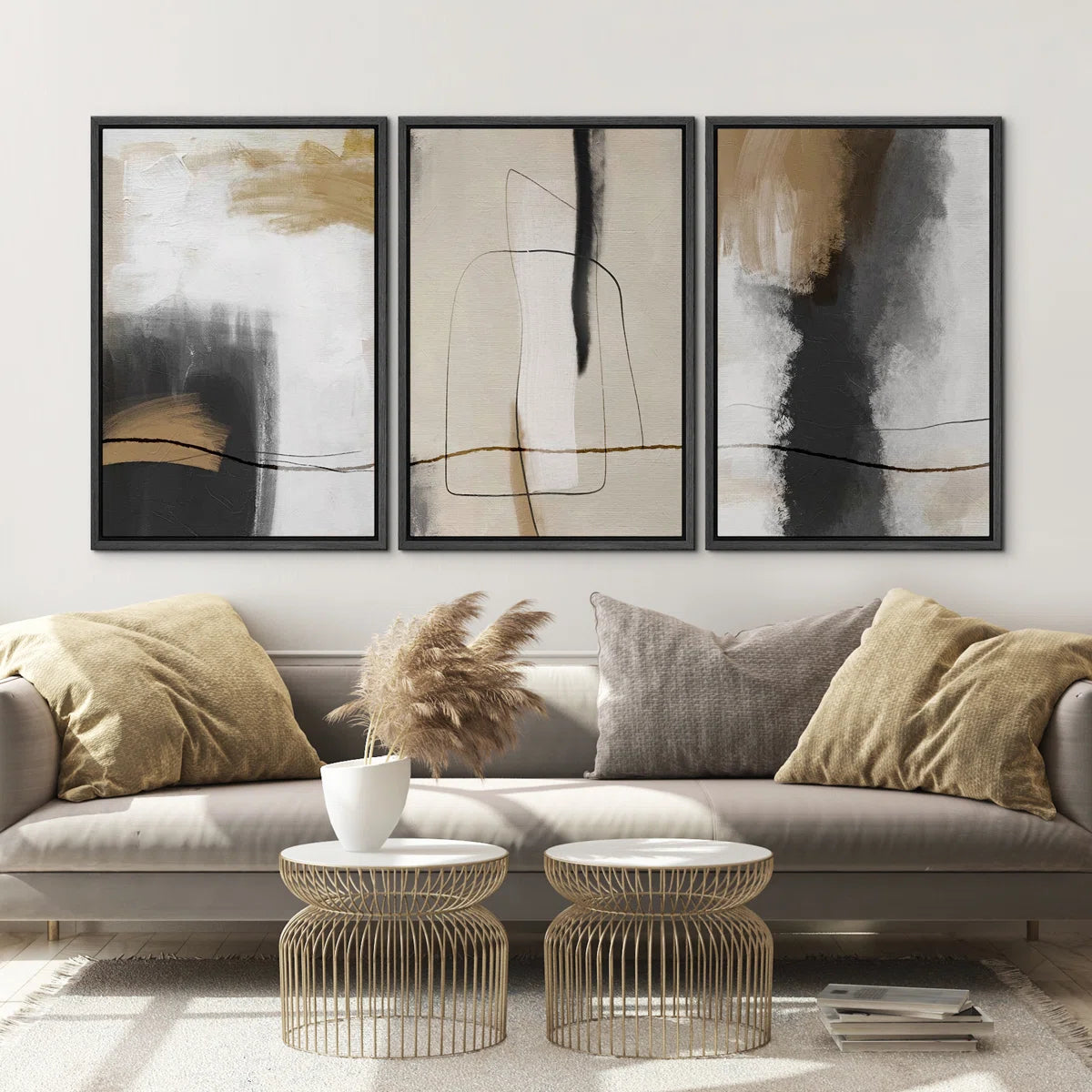 Reproduction d'art sur toile encadrée, style grunge abstrait, effet coups de pinceau, beige et gris neutre, style organique moderne, pour salon. 