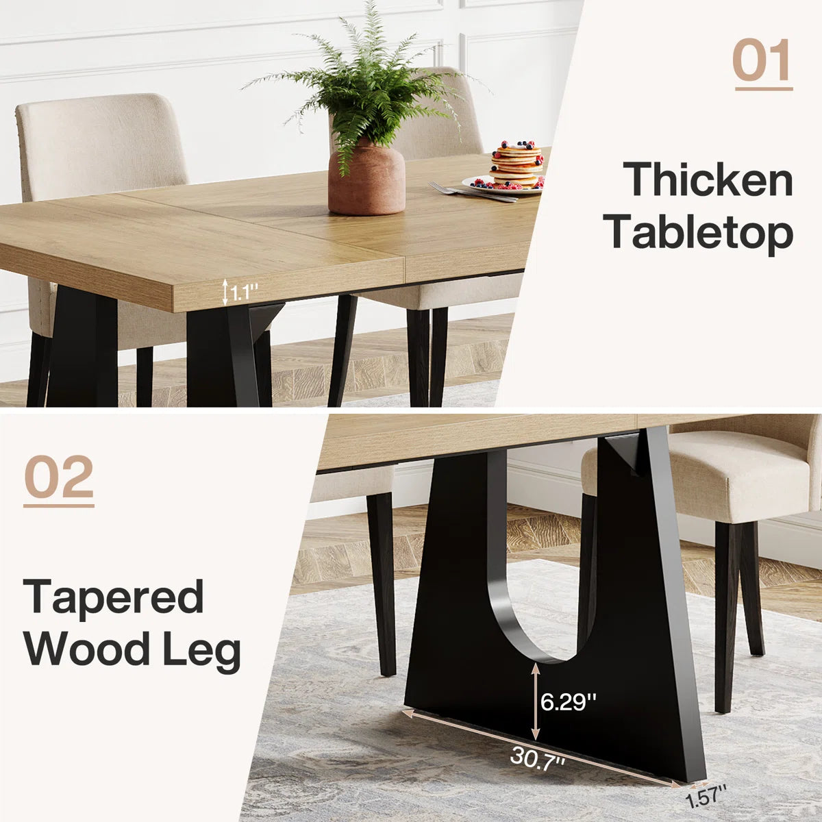 Table de salle à manger en bois pour 6 à 8 personnes, 180 cm (70,8 pouces) 