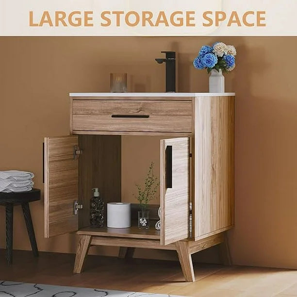 Meuble-lavabo Merluxy 62 cm avec vasque intégrée, style milieu du siècle, marron