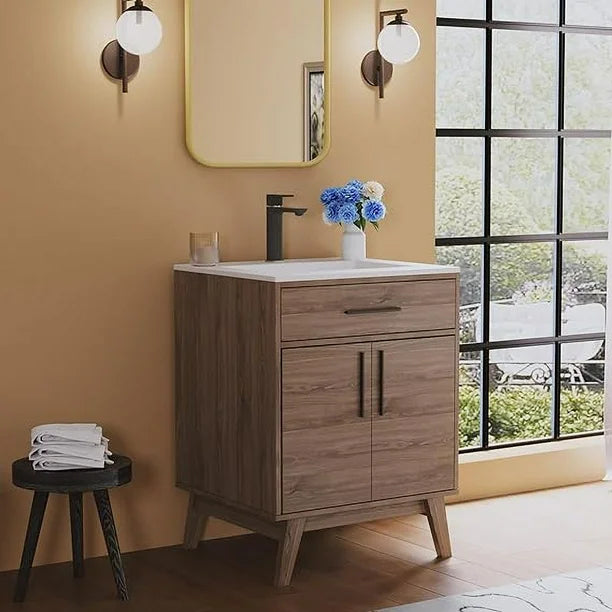 Meuble-lavabo Merluxy 62 cm avec vasque intégrée, style milieu du siècle, marron