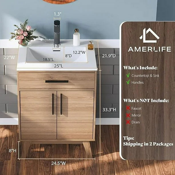 Meuble-lavabo Merluxy 62 cm avec vasque intégrée, style milieu du siècle, marron