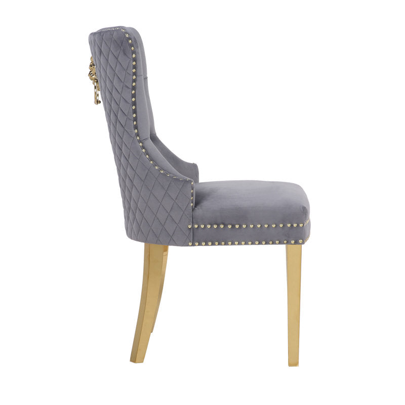 Luxury Velvet Dining Chair with Gold Legs & Lion Ring Back Accent