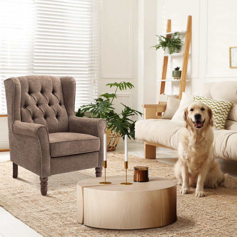 Dog sitting on a couch in a living room with a brown armchair and wooden coffee table.