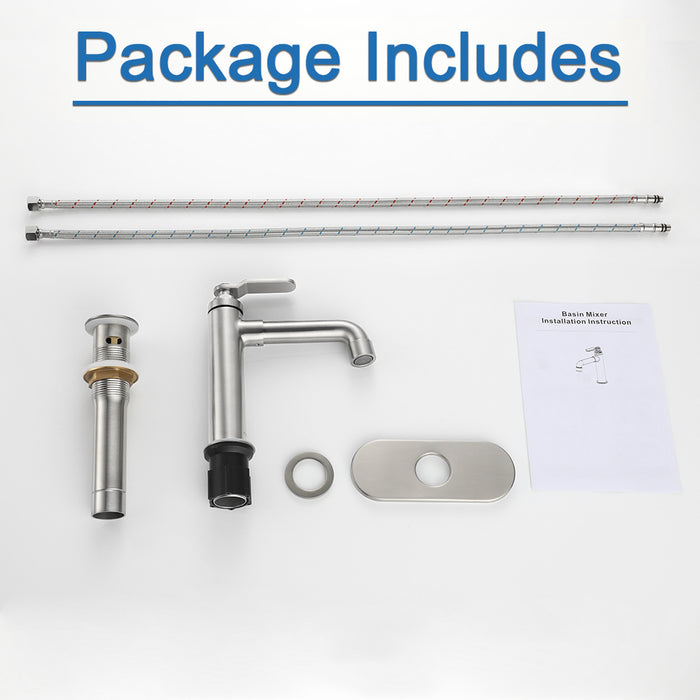 Package of bathroom faucet components on a white background