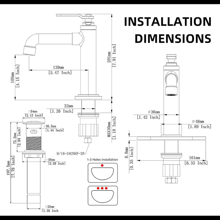 Technical drawing of a bathroom faucet installation with dimensions