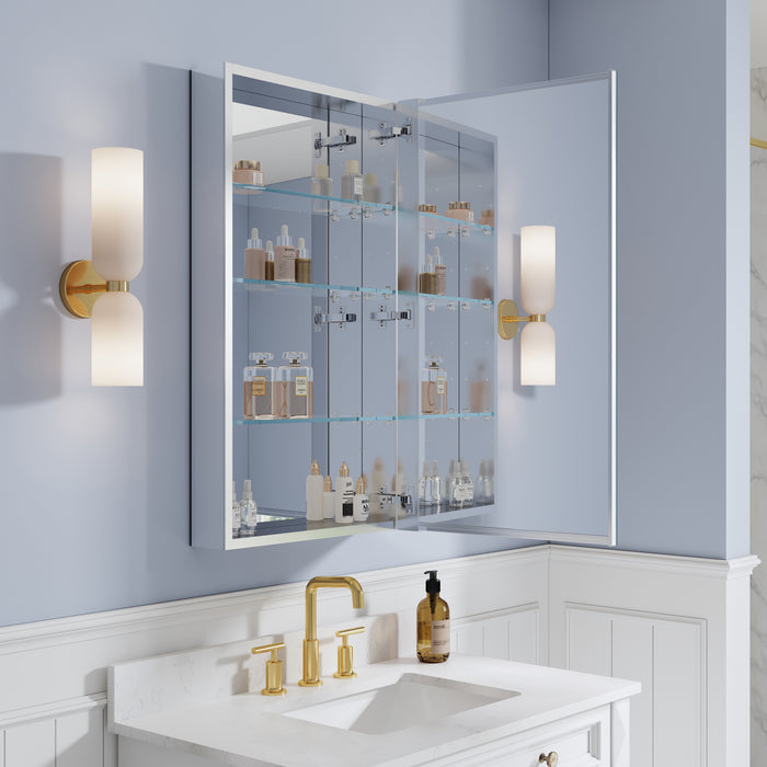 Bathroom with a large mirror cabinet, sink, and decorative wall lights.