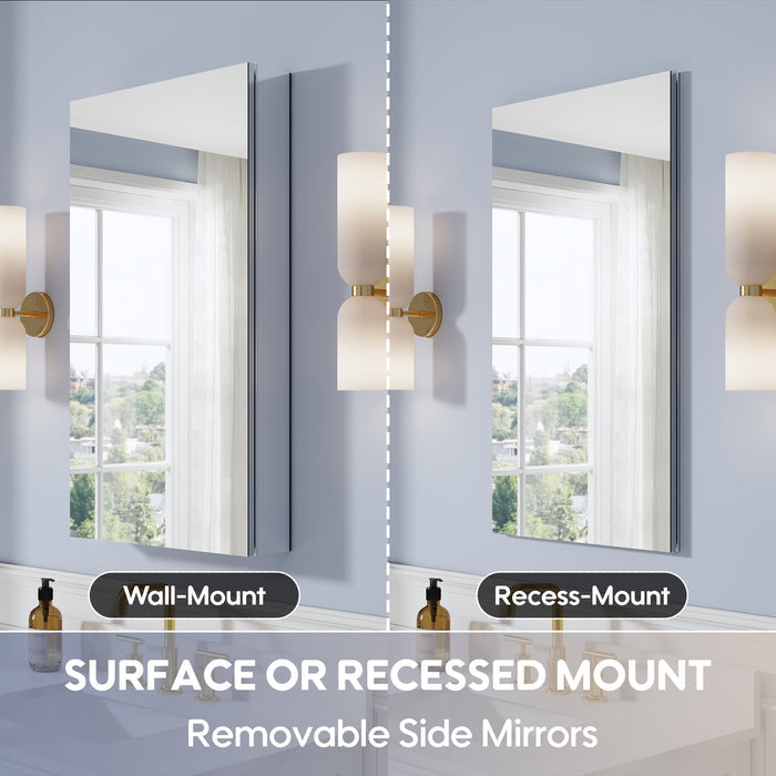 Two bathroom mirror setups with wall-mounted and recessed lights, featuring removable side mirrors.
