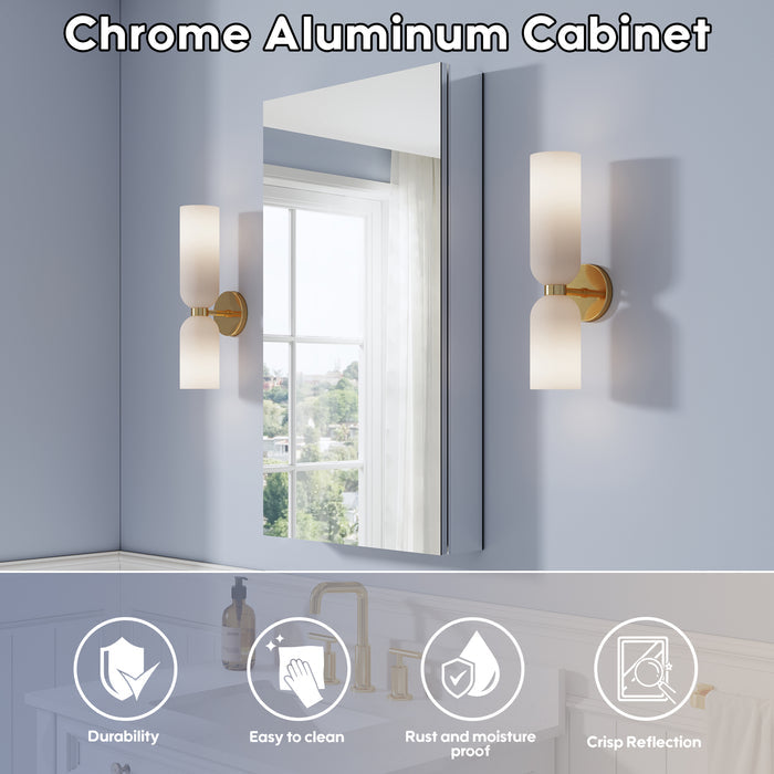 Bathroom setting with chrome aluminum cabinet and wall lights, featuring durability, easy cleaning, rust-proof, and clear reflection icons.