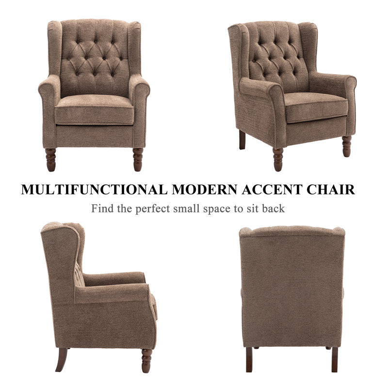 Brown multifunctional modern accent chair with text on a white background